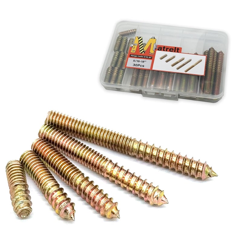 Matrelt 30 Pack 5/16-18" Hanger Bolts 5Sizes 1-3 Inch Double Headed Bolts Wood Dowel Screw Self-Tapping Screw Hanger Bolts for Wood Furniture Double Threaded Rods Bolt - Image 1